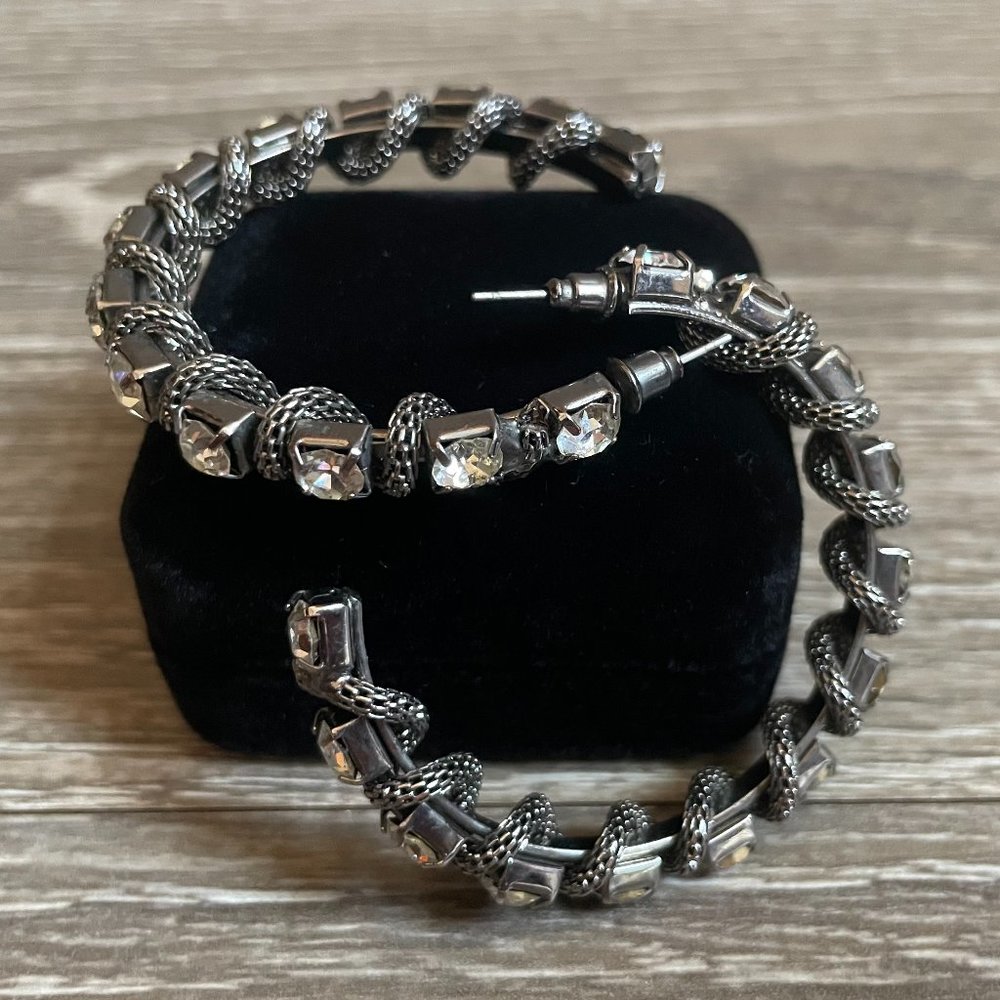 CHICOS Silver Twisted Rhinestone Hoop Earrings
